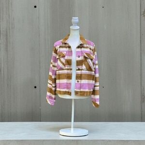 Kensie Jeans Cropped Fleece Button Front Jacket in Purple/Tan Plaid Size M